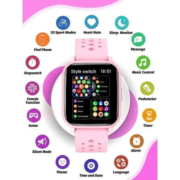 Kids Modern Mode 20 Sports Modes 5 Games Pedometer Pink Smart Watch  Oval Shape - Picture 2 of 15